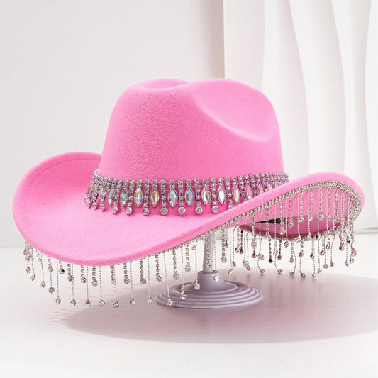 Bridal Hat with Large Round Gemstones, Tassel & Rhinestone Accents-Pink