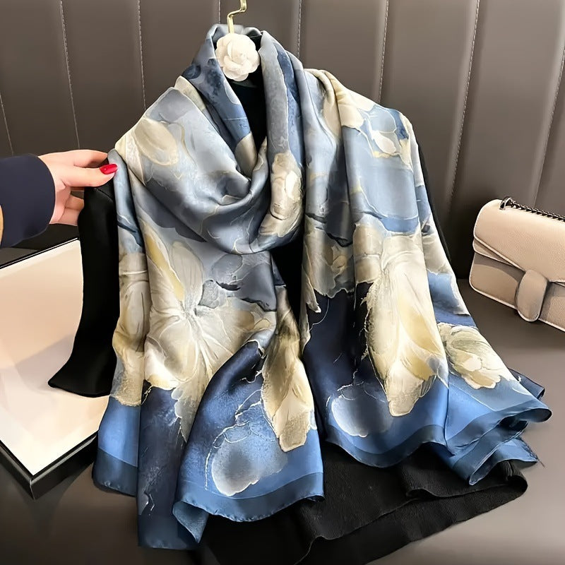 New Arrival EU/US Sun Protection 35.43 Blue Floral Printed Square Scarf
