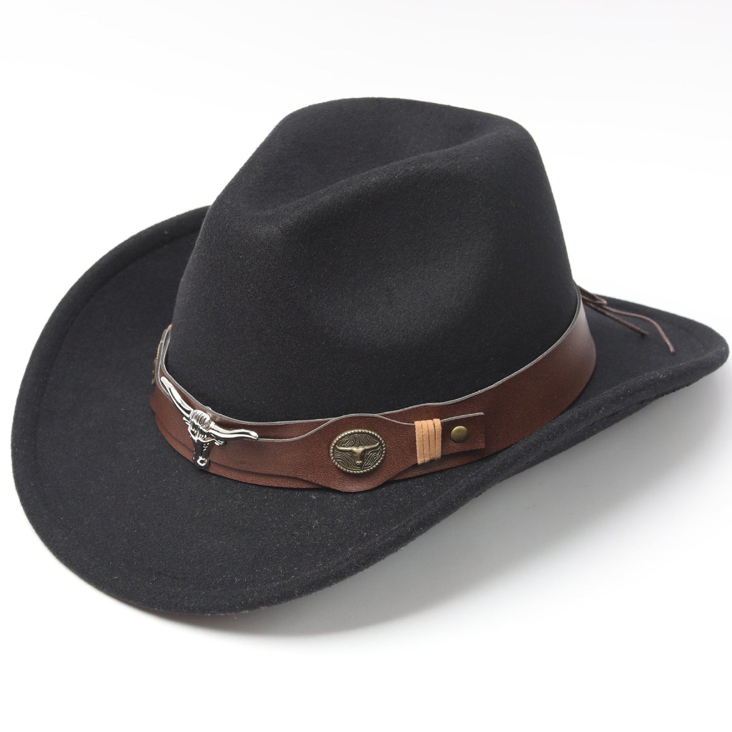 Western Cowboy Hat – Felt Hat with Cow Skull Accessory-Black