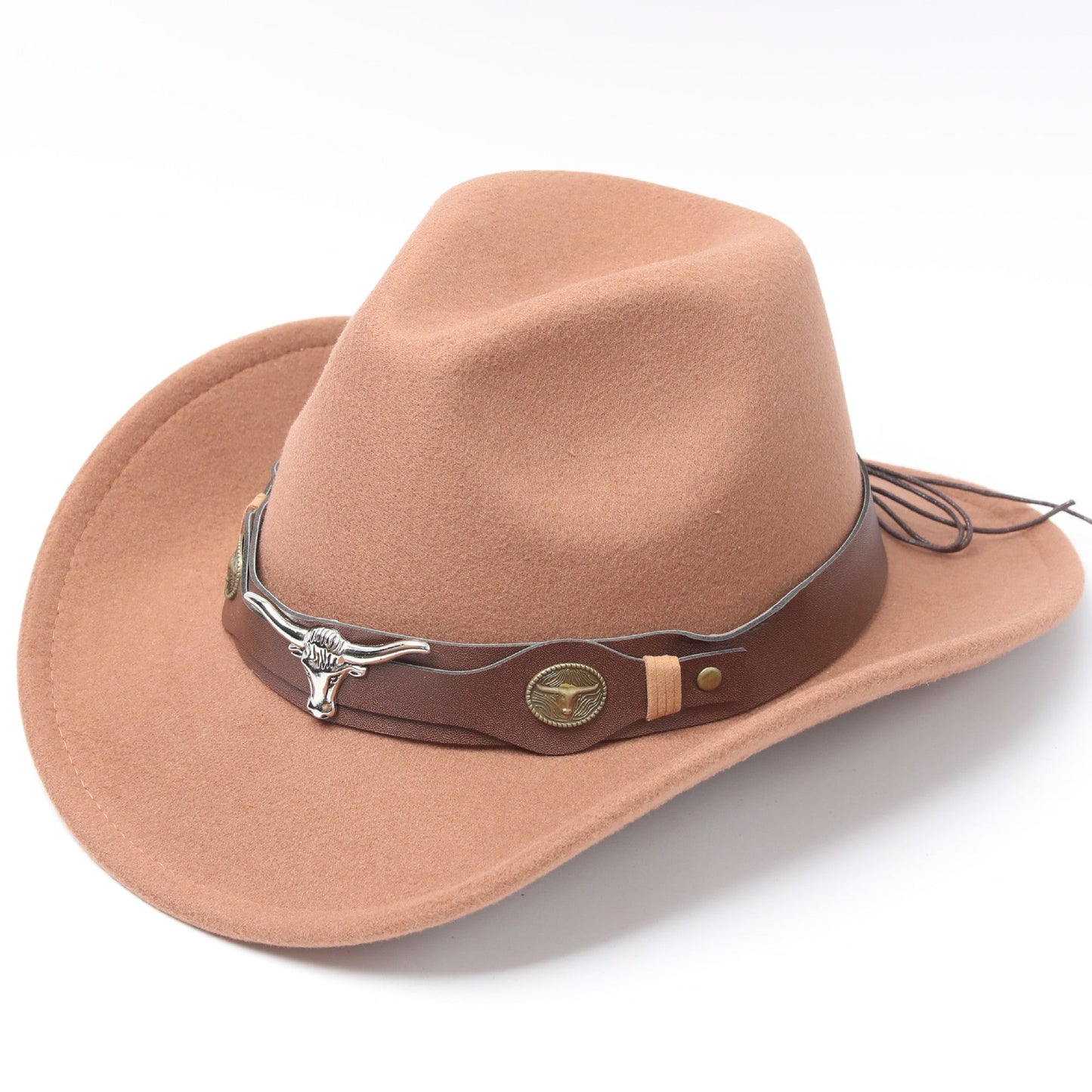 Western Cowboy Hat – Felt Hat with Cow Skull Accessory-Khaki