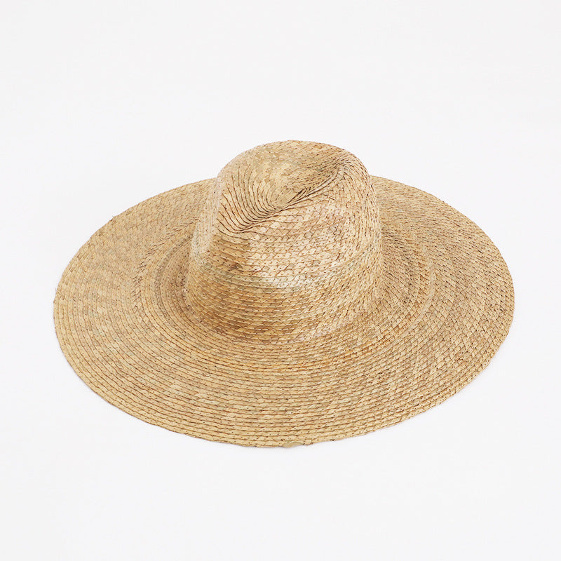 Wide-Brim Straw Hat with Fedora Crown – Woven from Palm Leaf / Kuiye Grass