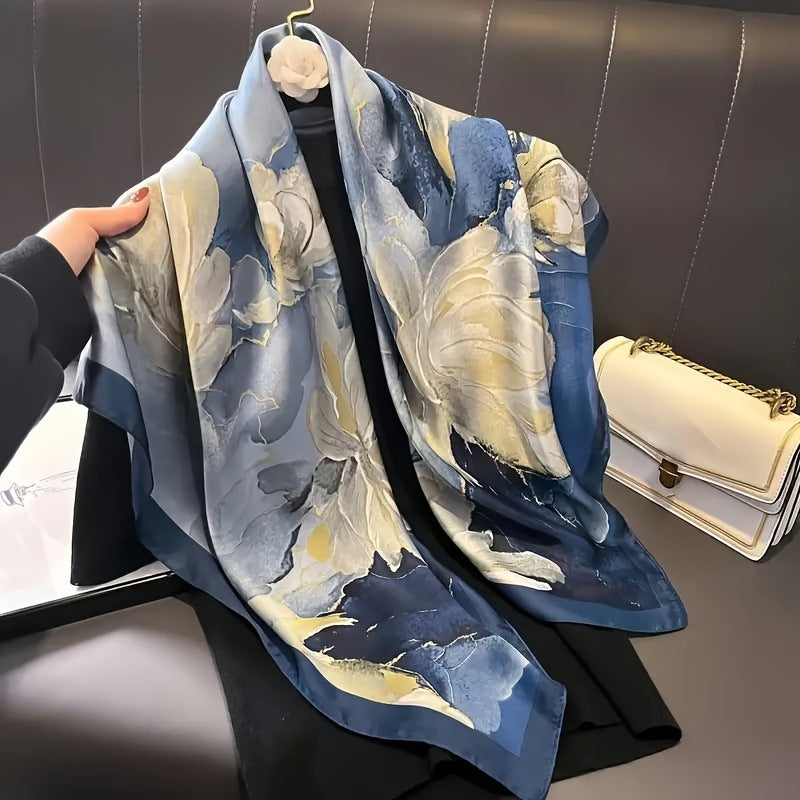 New Arrival EU/US Sun Protection 35.43 Blue Floral Printed Square Scarf