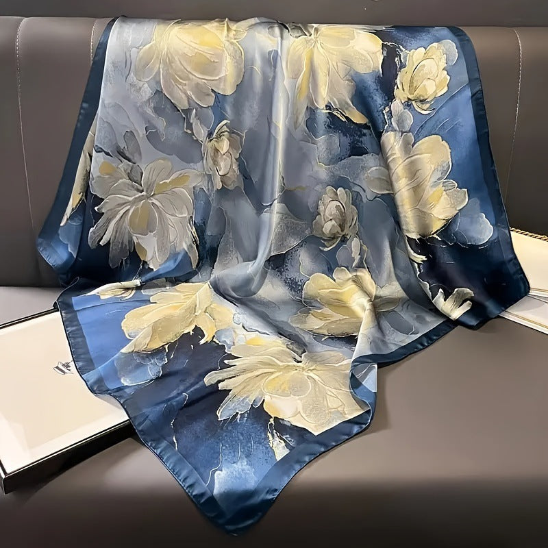 New Arrival EU/US Sun Protection 35.43 Blue Floral Printed Square Scarf